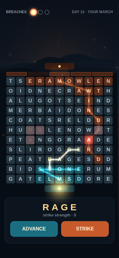 Ember & Tide — dusk valley board, words as light